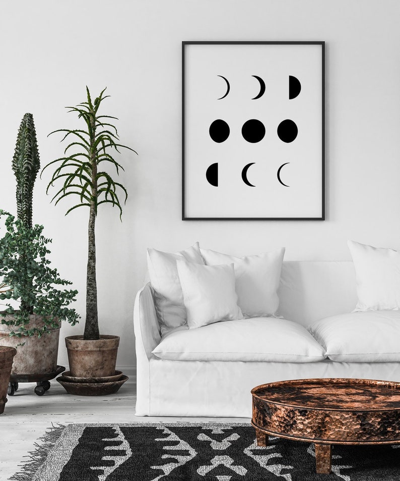 Moon Phases Print, Lunar Phases, Minimalist Wall Art, Black and White, Moon Decor, Digital Print, Lunar Phases Poster image 2
