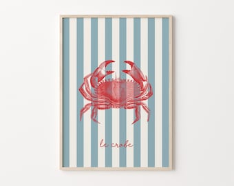 French Kitchen Art, Crab Print, Striped Wall Art, Retro Seafood Print, Instant Download