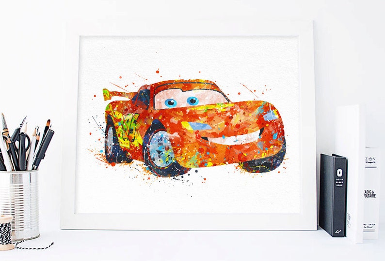 Lightning McQueen print Cars Disney Watercolor Nursery Wall | Etsy