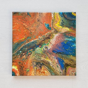 Acrylic pouring painting on canvas Orange vs Blue 30x30cm abstract wall art fluid art home decor orange blue bronze image 1