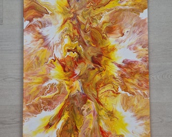 Grande peinture abstraite acrylique « Golden Souls » sur une toile de 80 x 60 cm - jaune or blanc rouge - oeuvre d'art murale originale et unique dans le salon