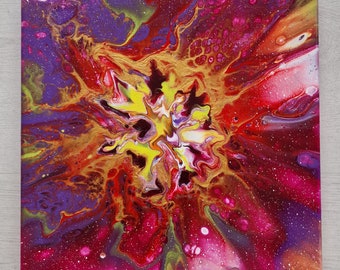 Acrylic painting on canvas - 30x30 cm - Abstract - Original - Wall Art - Red - Fluid art - Deep Edge - Custom Painting - Golden Galaxy