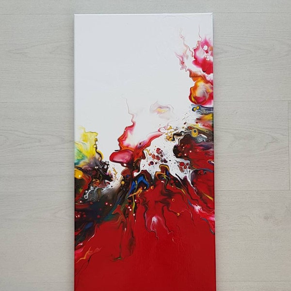 Peinture abstraite acrylique « Royal Red » sur toile longue 30x70cm - 11.8x27.5" - art mural original - art fluide - Néerlandais pour - rouge blanc or bleu