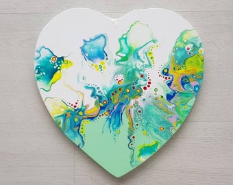 Original acrylic abstract painting "Spring" on a heart shaped canvas 29x29cm - 11.4" - ready to hang art green yellow white gold pink gift