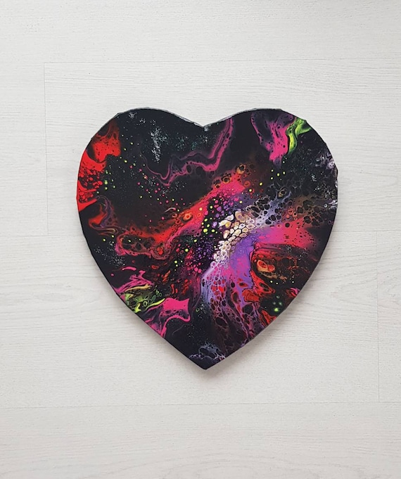 Acrylic Abstract Painting heart Flow on a Heart Shaped Canvas 29x29cm  Original Wall Art Ready to Hang Black Red Purple Pink Dutch Pour 