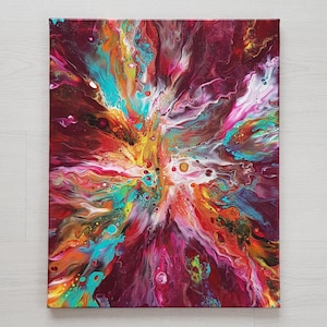 Fluid Acrylic Abstract Painting &#39;Magic Expansion&#39; on Canvas 40×50 cm – Red Gold Blue Original Wall Art for Home or Office
