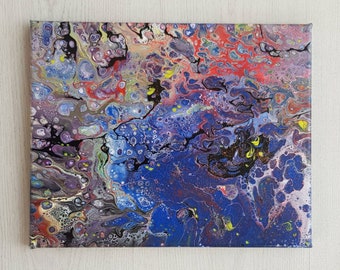 Acrylic Abstract Painting "Streams" on canvas - 24x30 cm - Original Wall Art Acrylic Pouring Fluid Art Blue Red Black Ready to Hang Gift