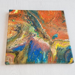 Acrylic pouring painting on canvas Orange vs Blue 30x30cm abstract wall art fluid art home decor orange blue bronze image 3