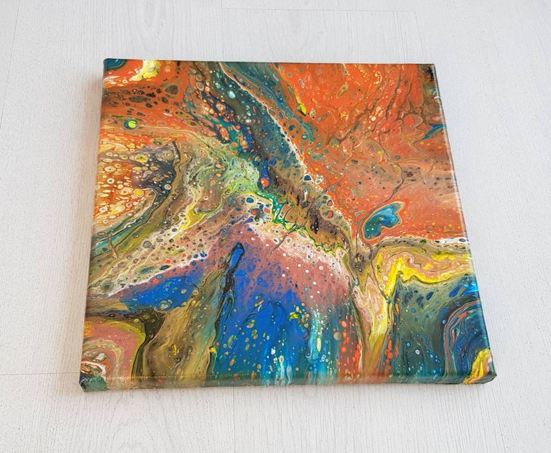 Acrylic pouring painting on canvas Orange vs Blue 30x30cm abstract wall art fluid art home decor orange blue bronze image 3