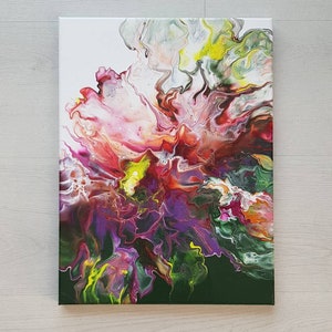 Acrylic abstract  painting &quot;Blooms&quot; on canvas - 30x40cm - dutch pour - fluid art - green white gold pink - wall art - original