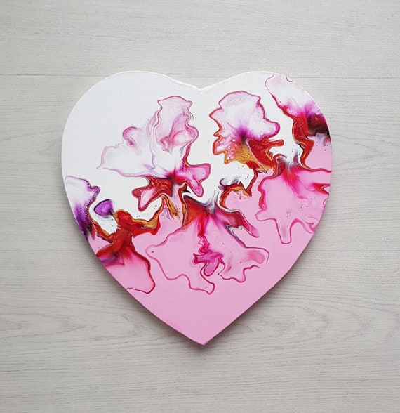 Acrylic Abstract Painting lovely on a Heart Shaped Canvas 29x29cm Original  Wall Art White Pink Red Gold Fluid Art Ready to Hang Gift 