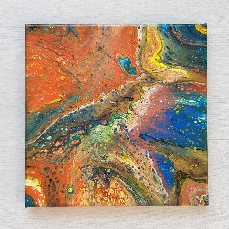 Acrylic pouring painting on canvas Orange vs Blue 30x30cm abstract wall art fluid art home decor orange blue bronze image 5