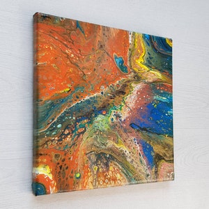 Acrylic pouring painting on canvas Orange vs Blue 30x30cm abstract wall art fluid art home decor orange blue bronze image 2