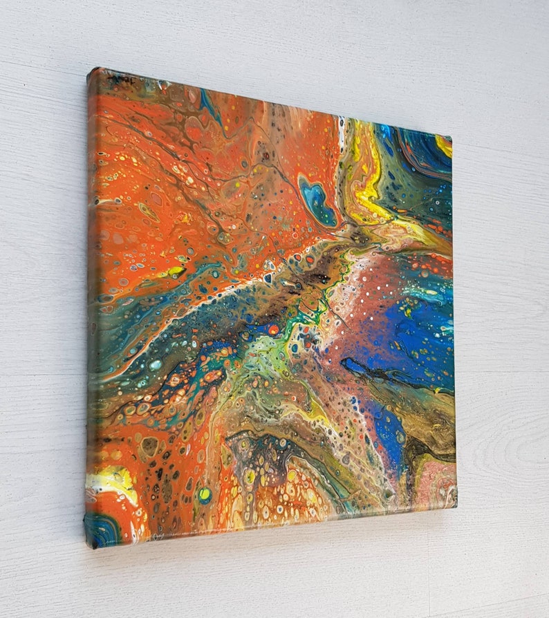 Acrylic pouring painting on canvas Orange vs Blue 30x30cm abstract wall art fluid art home decor orange blue bronze image 2