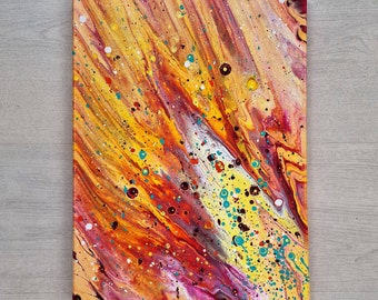 Acrylic abstract painting "Comet" on canvas 30x40cm - fluid art - orange red yellow blue original wall decor - ready to hang dutch pour