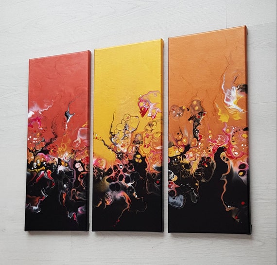 Tableau triptyque abstrait acrylique Trio métallique sur 3 toiles 20 x 50  cm 7,9 x 19,7 po. oeuvres d'art originales coulage hollandais 3 oeuvres  d'art mural -  France
