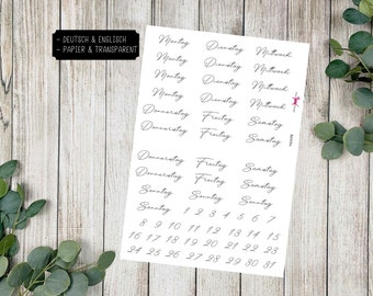 May include: A sheet of white paper with black text and numbers. The text includes the days of the week in German and English, and the numbers 1 through 31. The paper is designed for use as planner stickers.