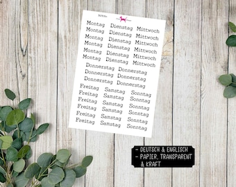 Puede incluir: Una hoja de papel blanco con texto negro que enumera los días de la semana en alemán e inglés. El texto dice "Montag, Dienstag, Mittwoch, Donnerstag, Freitag, Samstag, Sonntag". El texto también dice "Deutsch & Englisch, Papier, Transparent & Kraft".