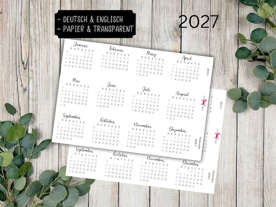 KALENDER 2027 #3099 Sticker Monate Calendar of 2027 Month Journal Bulletjournal Deutsch Englisch Planer Aufkleber Papier Transparent