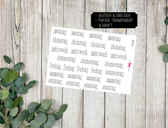 WOCHENTAGE #3013 Planer Stickern für Journal Kalender (Deutsch & Englisch) Transparent Papier Kraft