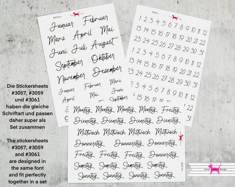 May include: Two sheets of stickers with black handwritten text on white paper. The first sheet has the months of the year written in cursive. The second sheet has the days of the week written in cursive. The text on both sheets reads "Die Stickersheets #3057, #3059 und #3061 haben die gleiche Schriftart und passen daher super als Set zusammen" and "The stickersheets #3057, #3059 and #3061 are designed in the same font and fit perfectly together in a set".