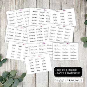 May include: A selection of white planner stickers with black text, featuring meal plans, to-do lists, and meal times. The stickers are displayed on a wooden surface with foliage in the background. The text "Deutsch & Englisch - Papier & Transparent" is also visible.