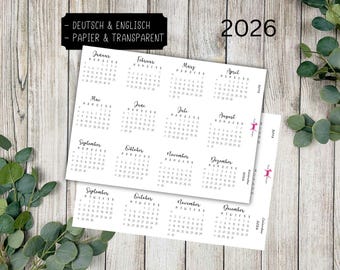 KALENDER 2026 #3098 Planer Sticker Calendario Monate del Diario Mes 2026 (Deutsch & Englisch)
