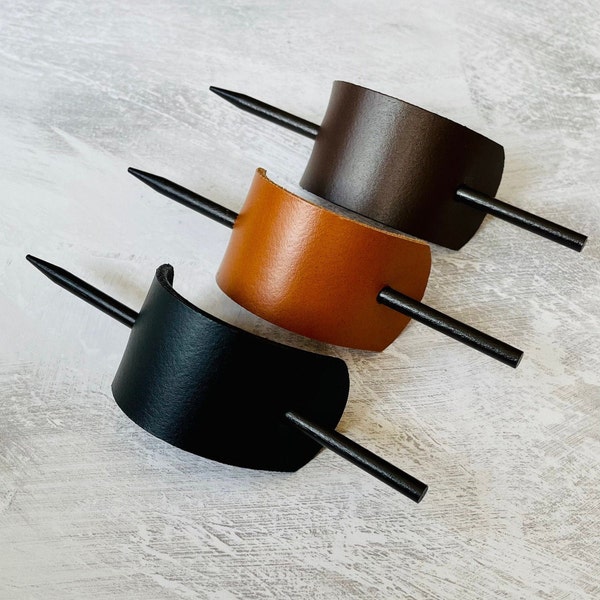 Leather Hair Barrette with Stick, Leather Hair Pin For An Effortless Bun, 4cms Wide, Available in Black, Brown and Tan