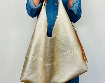 Large Leather Slouchy Hobo Shoulder Bag With Zip Pocket, Champagne Gold