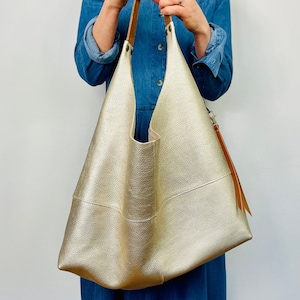 Large Leather Slouchy Hobo Shoulder Bag With Zip Pocket, Champagne Gold