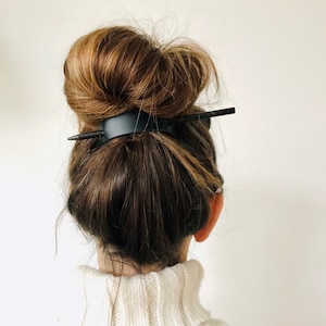 Handmade Black Leather Hair Barrette with Wooden Hair Stick, Leather Hair Pin For An Effortless Bun