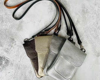 Metallic Leather Smartphone Travel Bag With Crossbody Strap