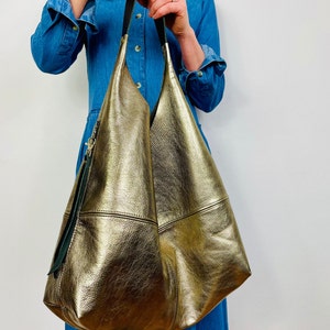 Large leather slouchy antique brass metallic hobo bag