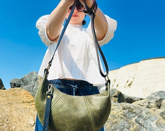 Small Leather Crescent Bag With Adjustable Strap and Zip Closure