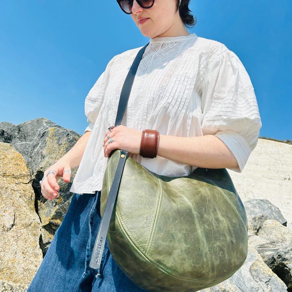 Large Leather Crescent Bag With Adjustable Strap and Zip Closure