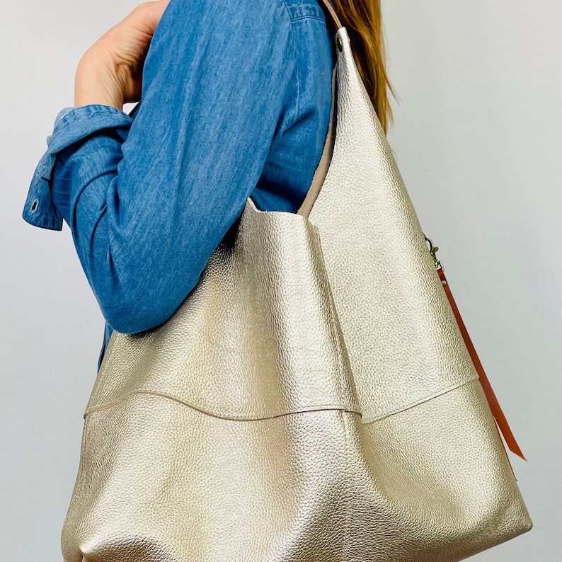 Large leather slouchy Champagne gold metallic hobo bag