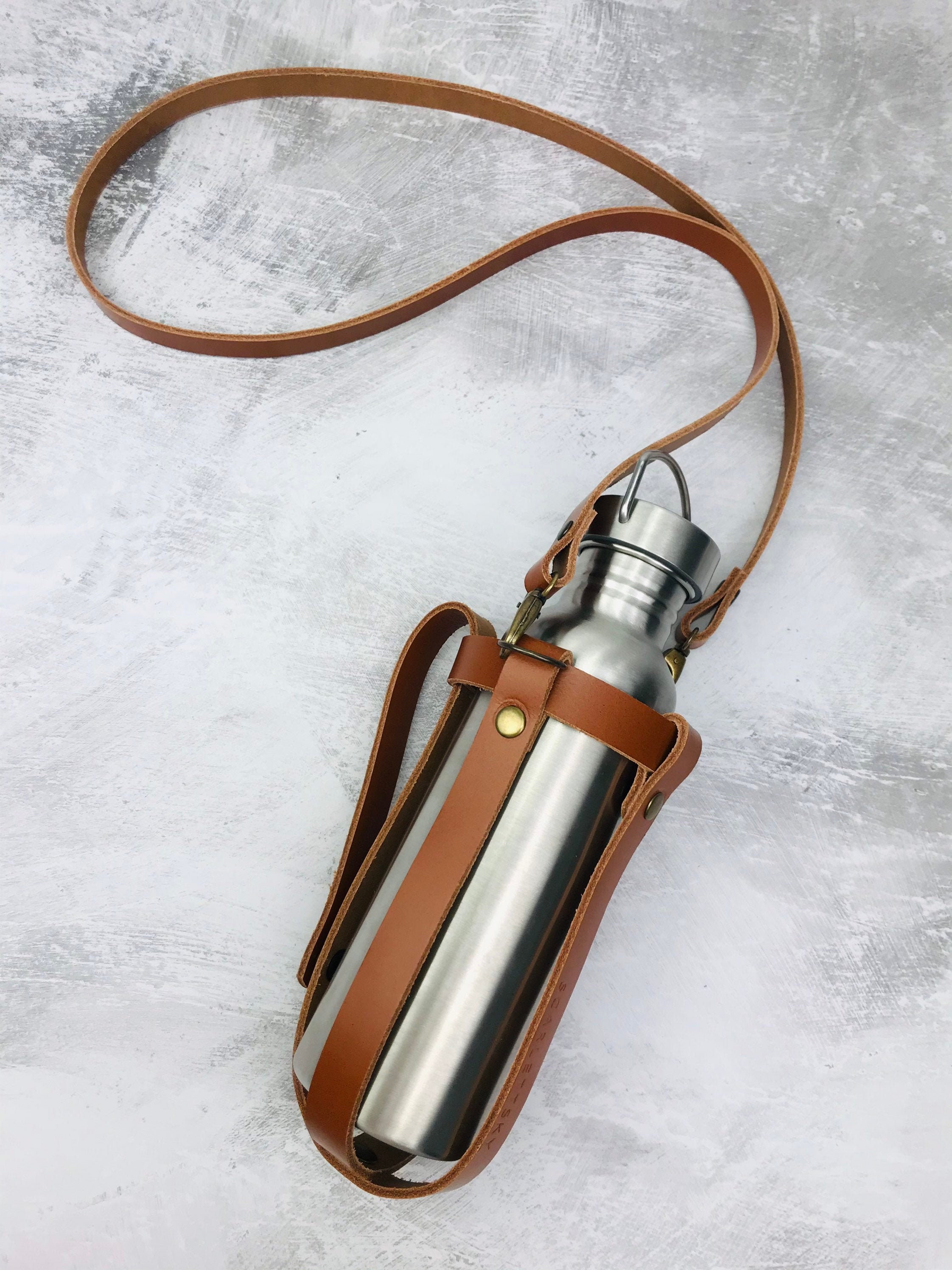 Leather Water Bottle Holder With Crossbody Strap and Carry Etsy UK