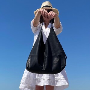 Large Black Slouchy Leather Hobo Bag