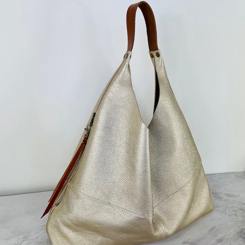 Large leather slouchy Champagne gold metallic hobo bag