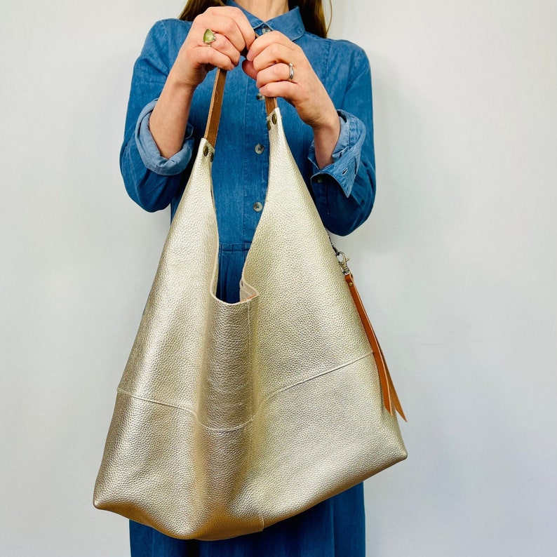 Large leather slouchy Champagne gold metallic hobo bag