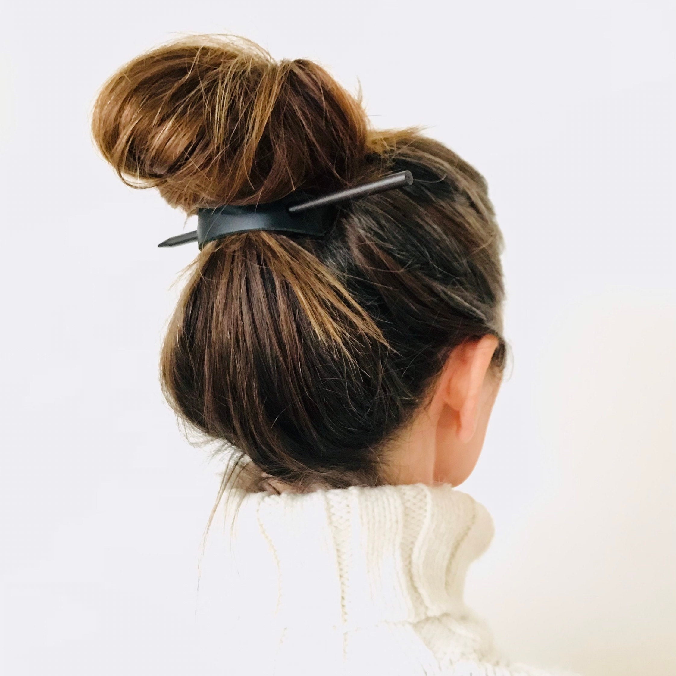 Handmade Black Leather Hair Barrette With Wooden Hair Stick