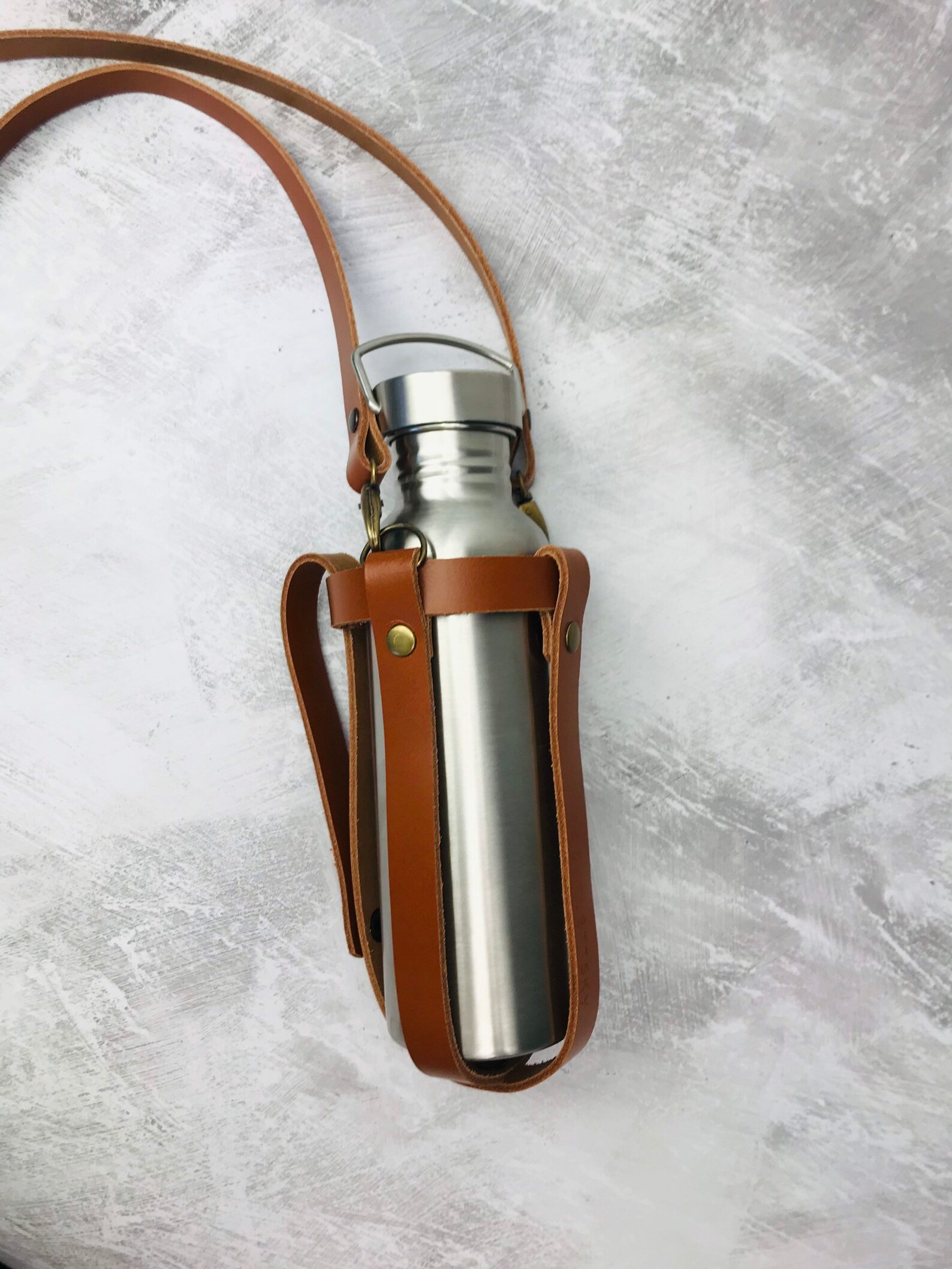 Leather Water Bottle Holder With Crossbody Strap and Carry Etsy UK