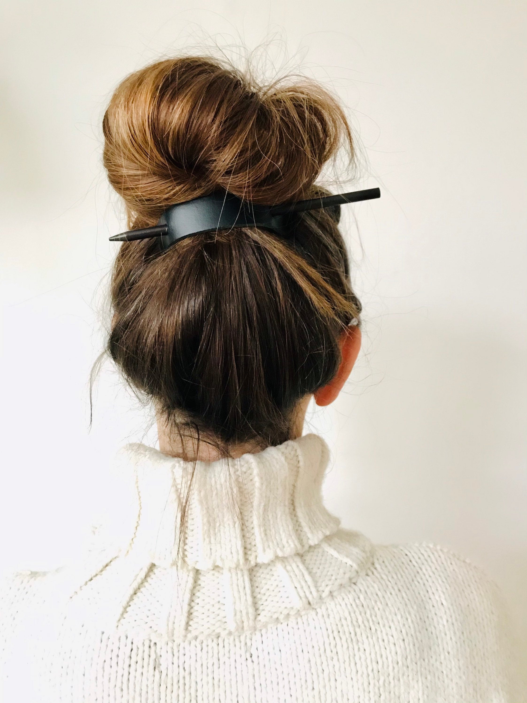 Leather Hair Barrette with Wooden Stick