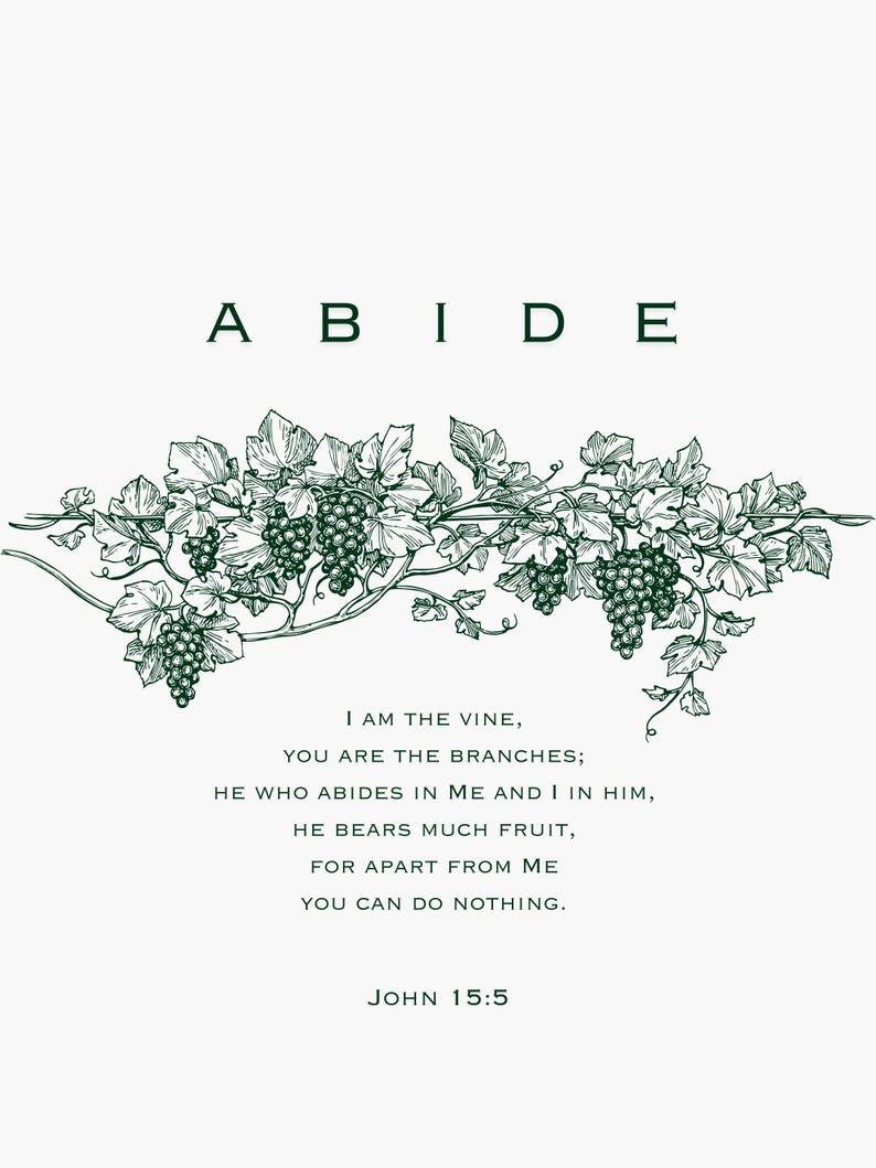 May include: A green and white illustration of a vine with grapes, with the text "ABIDE" above the vine and the text "I AM THE VINE, YOU ARE THE BRANCHES; HE WHO ABIDES IN ME AND I IN HIM, HE BEARS MUCH FRUIT, FOR APART FROM ME YOU CAN DO NOTHING. JOHN 15:5" below the vine.