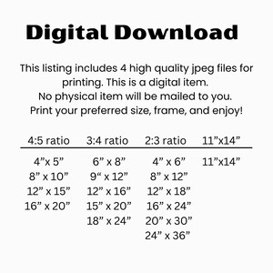 May include: A chart showing different print sizes for digital downloads in four aspect ratios: 4:5, 3:4, 2:3, and 11"x14". The chart includes measurements in inches.
