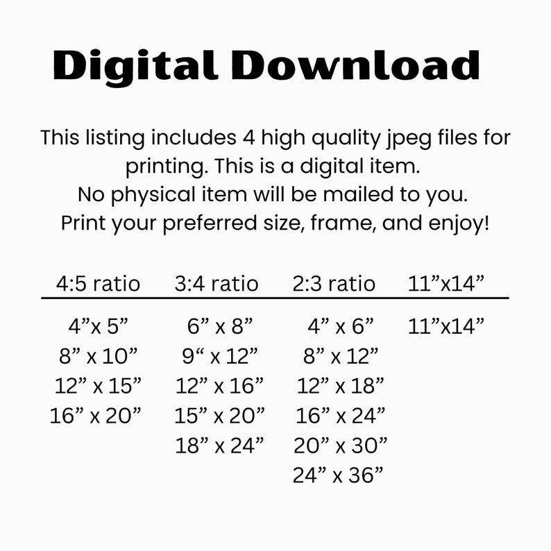 May include: A chart showing different print sizes for digital downloads in four aspect ratios: 4:5, 3:4, 2:3, and 11"x14". The chart includes measurements in inches.