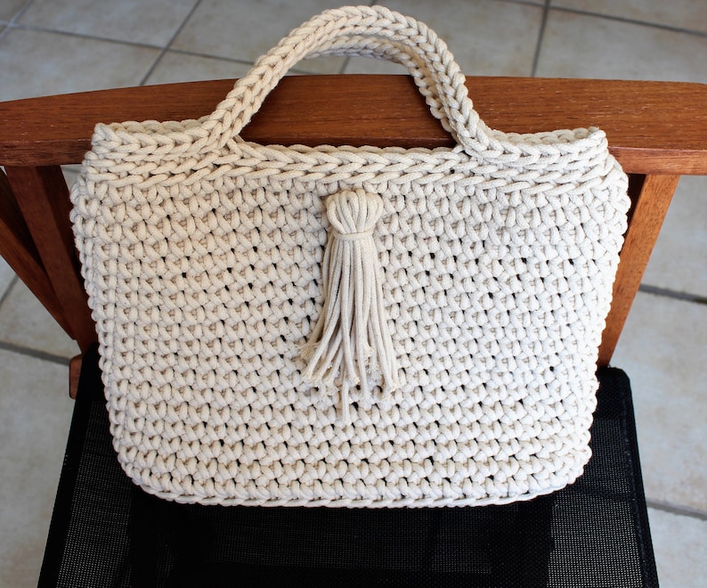 Tassel Bag, Spring Summer Tote, Modern Minimalist Bag, White Crochet ...