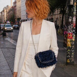 Envelope clutch, Crochet flap bag, Navy blue evening bag, Luxury gift, Clutch purses for women, OOAK, Blue and white purse, Unique design