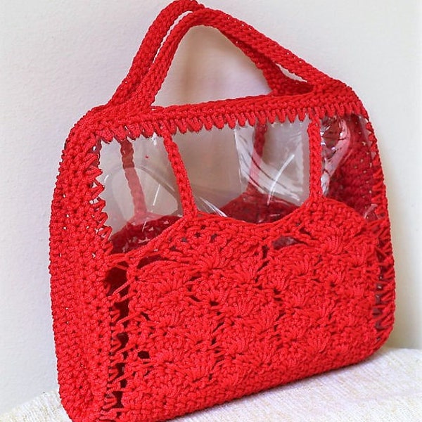 Red summer bag, Crochet statement bag, Everyday clutch bags, Transparent purse, Trendy vinyl bag, Woman gift, Modern accessory