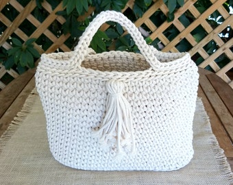 Tassel bag, Spring summer tote, Modern minimalist bag, White crochet purse, Boho chic bag, Knit handbag, Everyday woman purse, Lady gift